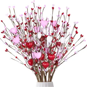 Valentines Day Decorations Artificial Heart Flowers Berry Stems Red Pink White Heart Shaped Picks for Wedding Anniversary Vase Filler Home Party Decor