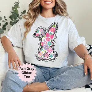 Floral Dalmatian Bunny Gildan Shirt, Women Easter Trendy tees, Women plus size Oversized Top