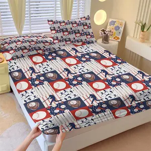 Red White Blue Color Baseball Theme Fitted Sheet Set & 2 Pillowcases No Core, Baseball, Glove, Bat, Hitting Silhouette Grid Patchwork Design, Soft Anti-Slip Wrinkle Resistant, Sports Style Bedroom Decor Gift Choice