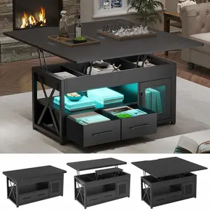 SIKAIC 40in Lift Top Coffee Table for Living Room, Farmhouse Small Coffee Table with 2 Fabric Drawers, Smart 4-in-1 Multi-Function LED Light Tea Table