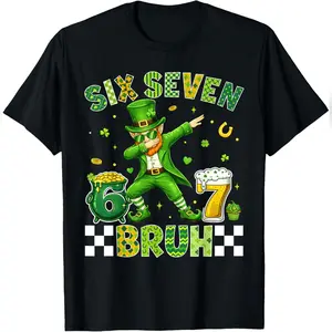 St Patricks Day Bruh 67 Meme Six Seven Dabbing Leprechaun T-Shirt Soft Cotton Tee Daily