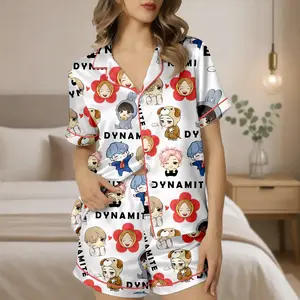 Bt-21 Cartoon Pajama Set, Satin Sleepwear, Gift for Fans, Pajama Set for Kpop Fans, Kpop Pajama Set