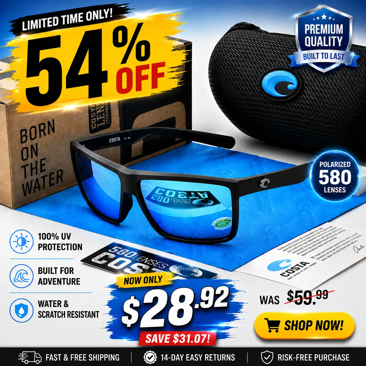 Costa Del Mar Polarized Fishing Sunglasses for Men, UV Protection Boating Driving Outdoor Sports Shades
