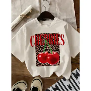 Cherries Leopard Print Tee | Retro Y2K Cherry Graphic Tee,Retro Coquette Cherry Graphic Top