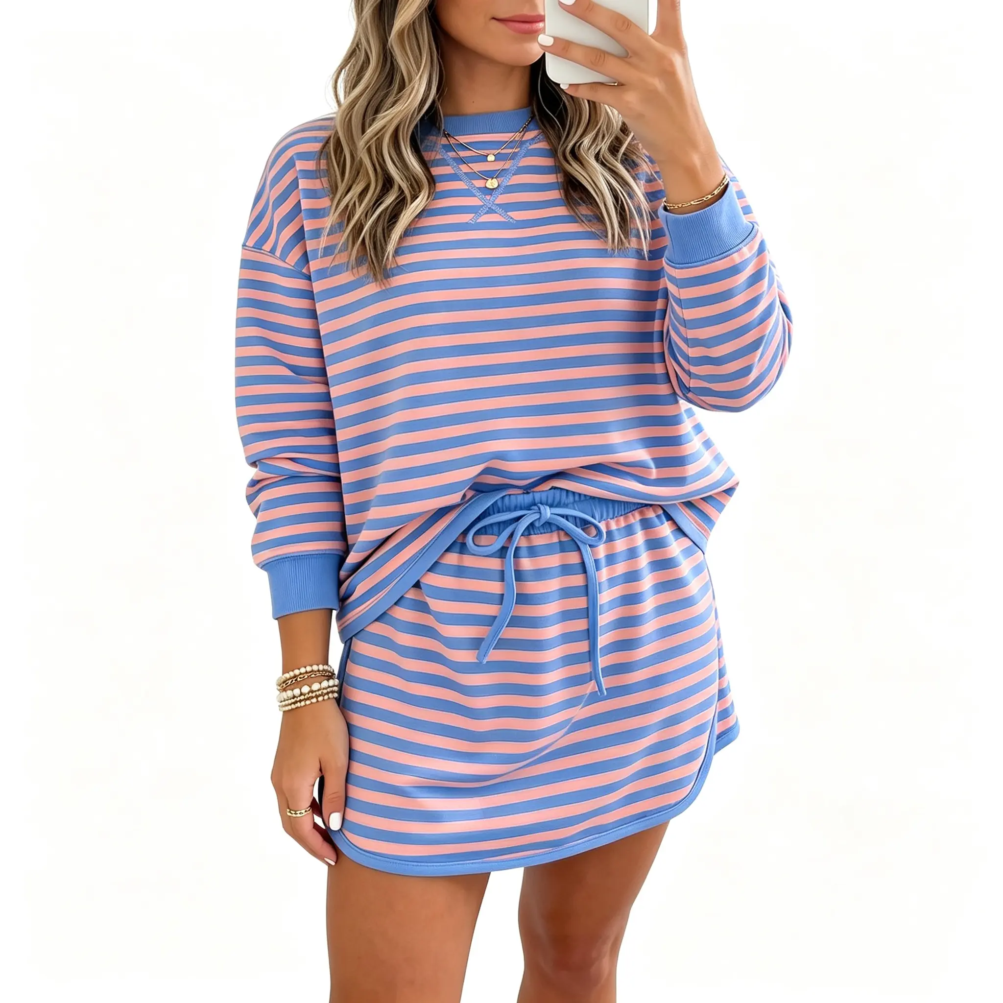 Asvivid Women Striped 2 Piece Outfit Sets Long Sleeve Crewneck Sweatshirt Top & Drawstring Mini Skort Matching Loungewear Set Casual Two Piece Set For Spring Fall Daily Clothes For Back To School #sohochic