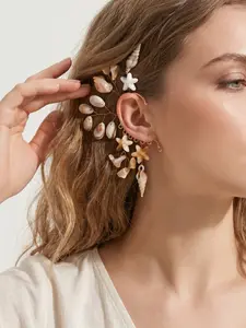 Mermaid Style Ocean Vacation Shell Sea Star Earrings, Handmade Braided Colorfast Electroplated Fairy Ear Jewelry, Bold Beach Resort Single Clip for Women