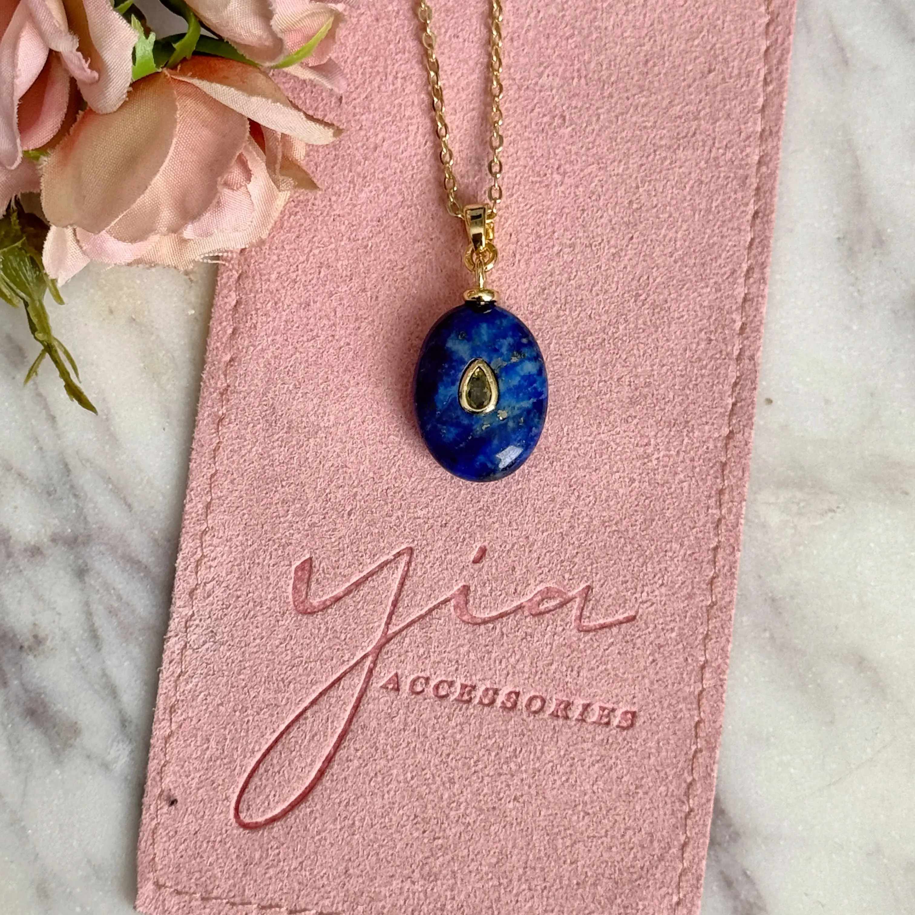 Simulated Lapis Lazuli Beaded Necklace for Women with Gold Filled Cubic Zirconia Pendant, Casual Adjustable Chain 17.5" + 2" Ext., Accessory Necklace