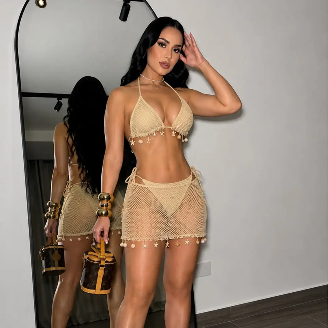 Elegant Beige Mesh Two-Piece Set with Star Accents and Beaded Details for a Chic Look