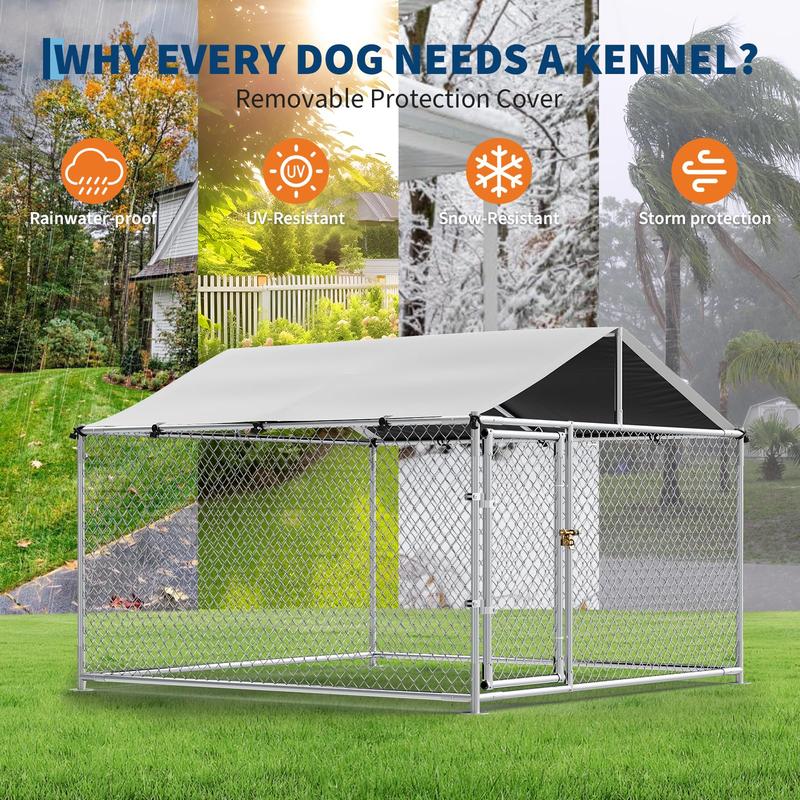Large Dog Kennel Outdoor with Roof Heavy Duty Dog Enclosure Outside Pet Fence Cage Steel Fence with Ground Anchor Secure Lock Farm Training-A