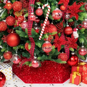 Christmas Tree Collar, 33.5 inch Sequin Tree Skirt Stand Base Cover for Home Decor, Large Size 6 Piece, Red