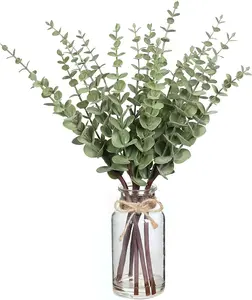 17.5" Artificial Eucalyptus Stems in Glass Vase with Faux Water,Fake Plant Eucalyptus Leaves White Seeds for Centerpiece Table Decorations Farmhouse Wedding Home Greenery Decor (Sage Green)
