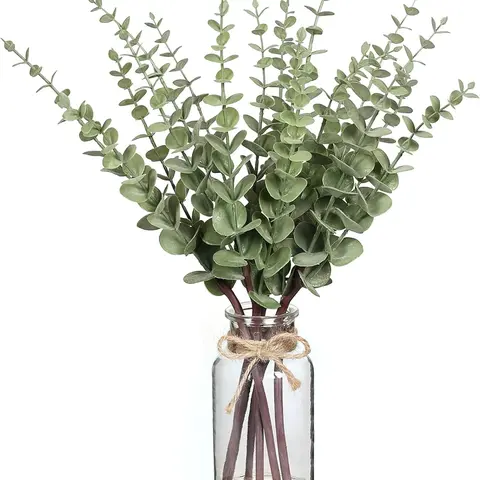 17.5 in PVC Artificial Eucalyptus Branches with White Seed Detail - Faux Floral Arrangement in Glass Vase with Faux Water, Tabletop Farmhouse Rustic Home Decor Accents