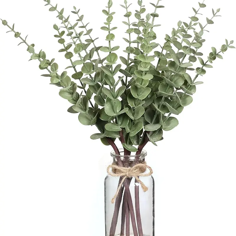 17.5 in PVC Artificial Eucalyptus Branches with White Seed Detail - Faux Floral Arrangement in Glass Vase with Faux Water, Tabletop Farmhouse Rustic Home Decor Accents