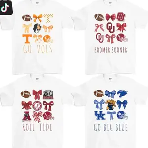 Custom College Vintage College Football Bow White T-Shirt, Retro Football Coquette Tee, College All Team Football for Fan, Casual Game Day Shirt for Women Fit Womenswear Hand-Drawn T-Shirt DI8