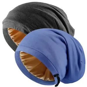 Silk Satin Bonnet Hair Wrap for Sleeping, 2 count Adjustable Silk Bonnets for Women Men Sleep Cap Silk Lined Slouchy with Adjustable Strap Curly Hair  Scarf Night Caps