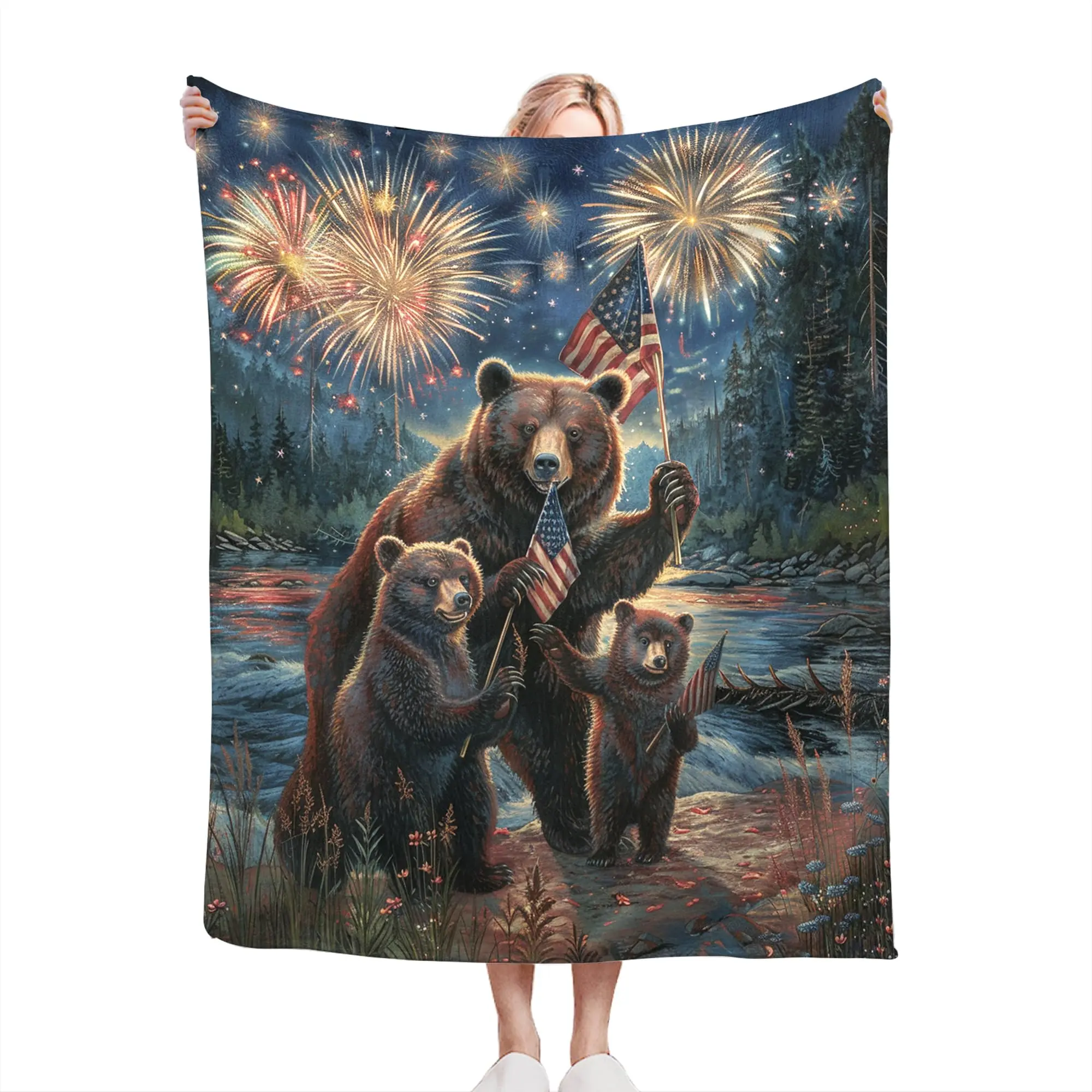 American Bear Flag Throw Blanket - 100% Polyester, 101cm×127cm (40×50in), Wrinkle-Resistant, Warmth-Focused Home Accessory for Decoration, Room Decor, Thanksgiving Gifting for Grandparents