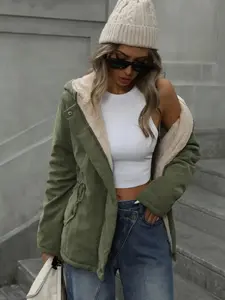 Women's Hooded Thickened Warm Polyester Fiber Winter Jacket, High-Waist Utility Design, Fleece Lined, Cold Weather Outerwear