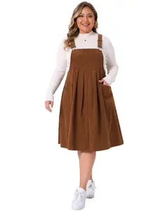 Agnes Orinda Women's Plus Size Corduroy Pinafore Dress Pleated Adjustable Strap Suspender Skirt Short Overall Dress