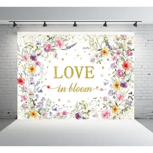 Love in Bloom Bridal Shower Backdrop Wildflower Wedding Spring Floral Engagement Bachelorette Party Photo Decor Supplies 7x5FT Thin Vinyl