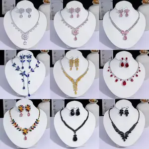 Sparkling AB Crystal Teardrop Jewelry Set for Women, Iridescent Cubic Zirconia Necklace and Dangle Earrings, Bridal Wedding Prom Statement Jewelry, Luxury Fashion Gift for Her