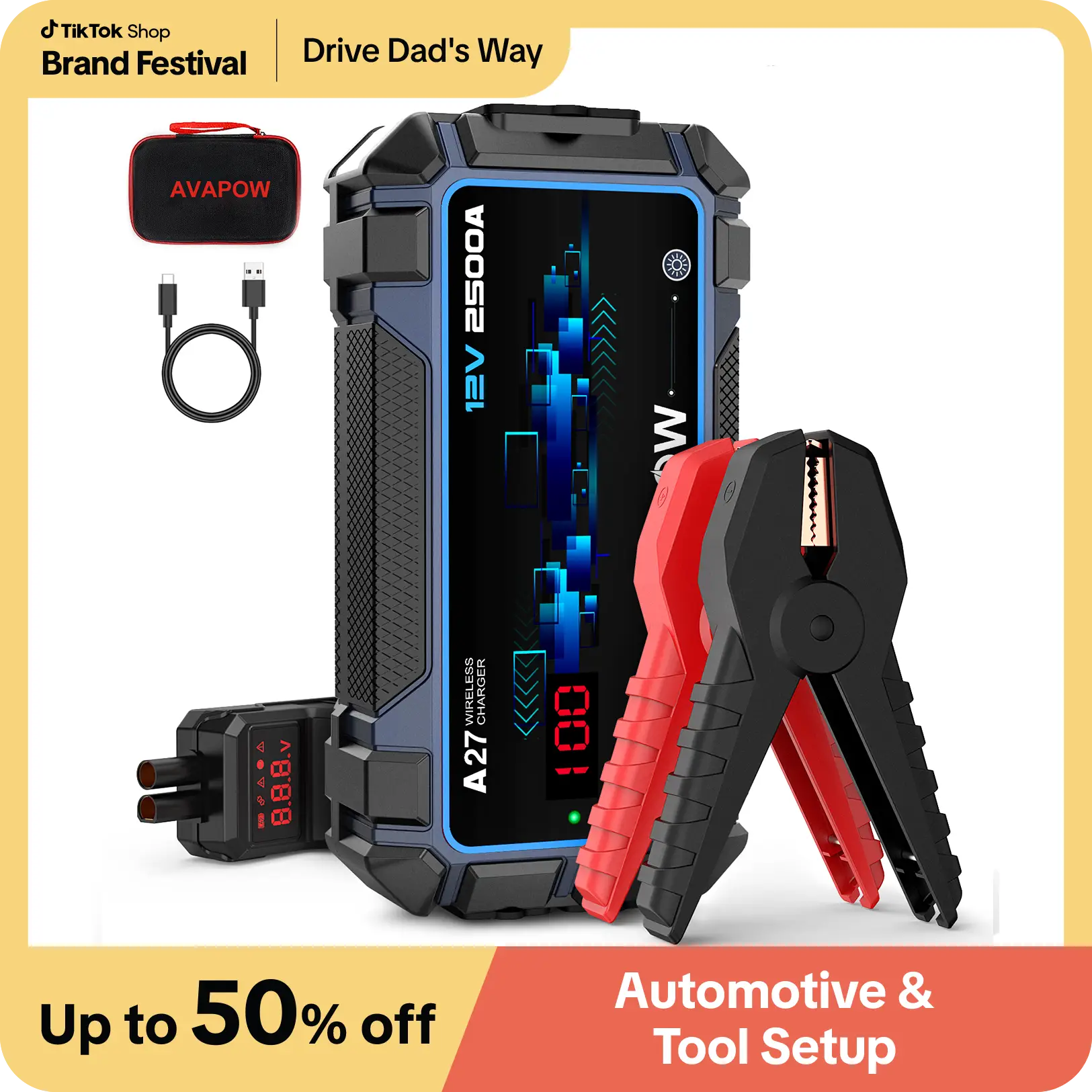 AVAPOW Jump Starter Car Battery 2500A Peak,Portable Jump Starters for Up to 8L Gas 8L Diesel Engine with Booster Function,Wireless Charging Design,12V