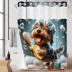 1PC/4PCS 2D Flat Printing Cute Dog Taking a Bath Patterned shower curtain, home bathroom decor, shower curtain set with 12 hooks, non-slip bathroom rug, U-shaped toilet seat cover, toilet seat mat.