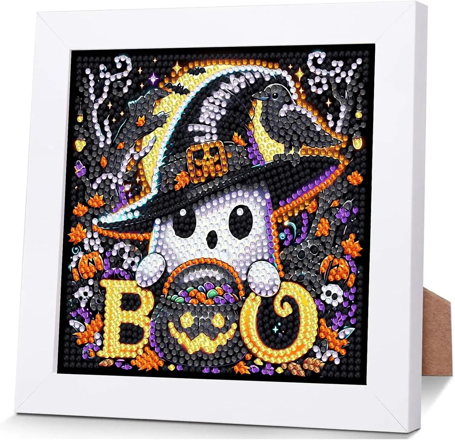 Halloween Art Kit for Beginners, DIY Halloween Witch on Moon Bead Painting, Sparkling Pearl-Style Craft Set for Fall Wall Decor, Halloween Decor, Art Kits, Colorful, Beads