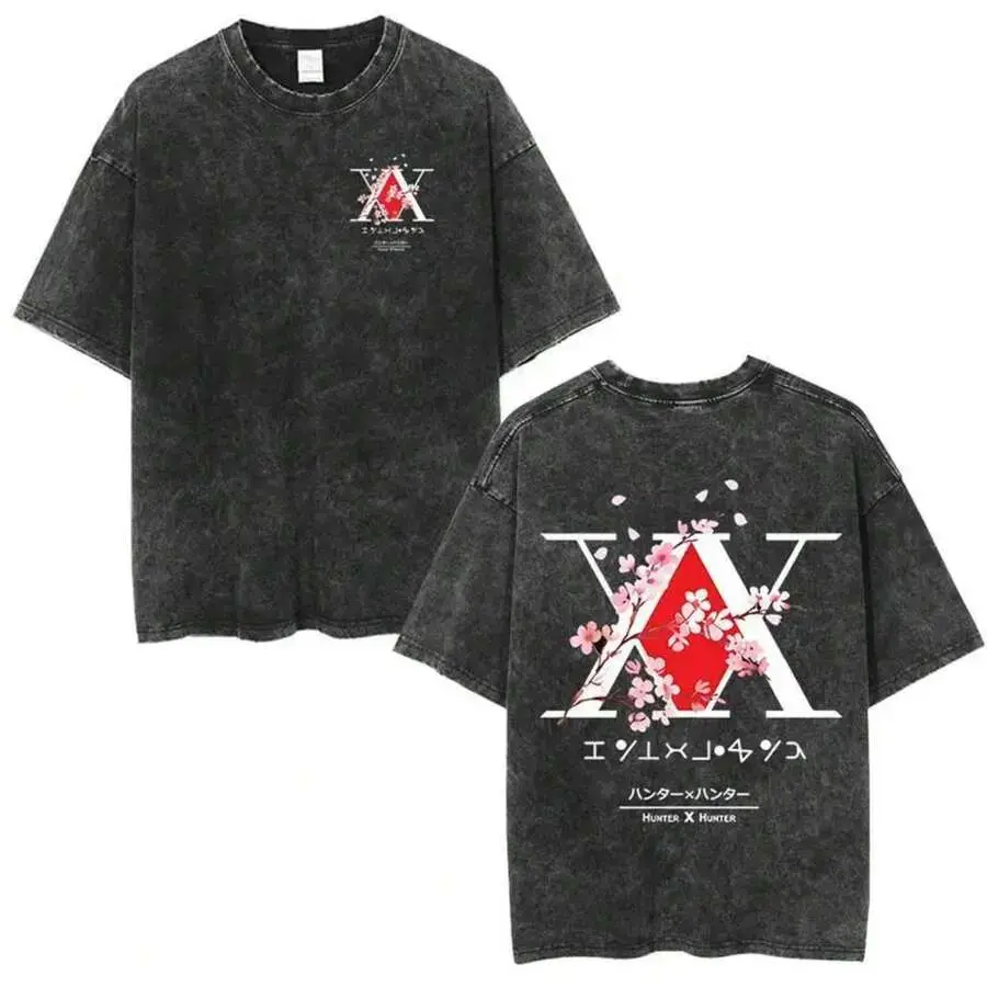 Hunter X Hunter Graphic T-Shirt, Unisex Vintage Washed Oversized Short-Sleeve Top with Double-Sided Anime Print, Retro Japanese Streetwear, Tshirt, Shortsleeve, Casual