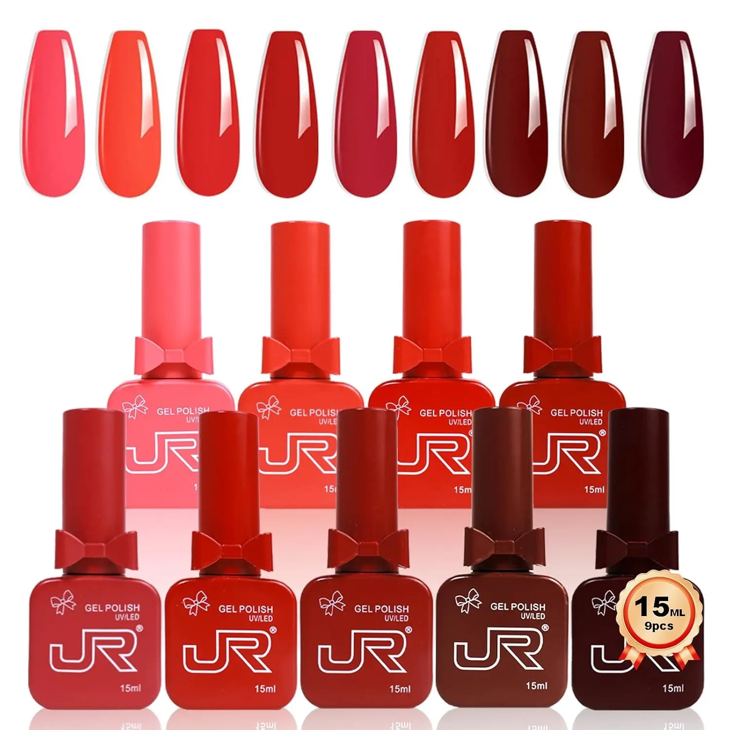JR 9pcs 15ml Deep Red Burgundy Glossy Gel Shine Finish Gel Polish Set Crimson Soak Off UV Polish Dark Cherry Gel Polish Colors For DIY Manicure Nail Salon Gift Red