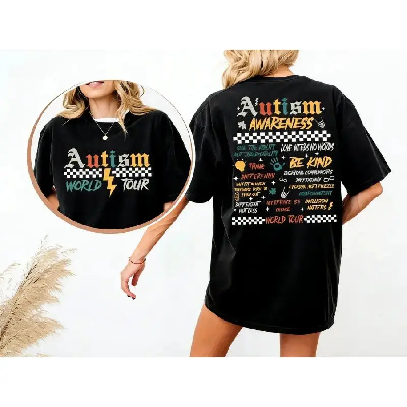 Women's Oversized Printed Round Neck T-Shirt - Soft Cotton Fabric, Front & Back Retro World Tour Graphics, Short Sleeve Lady Top for Neurodiversity Advocates & Autism Awareness, Tshirt