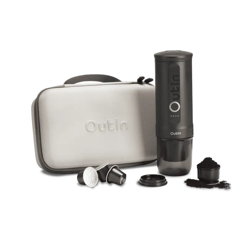 OutIn Nano Portable Coffee Making Machine Gift Set - Compact Cylinder Espresso Maker, 7500mAh Rechargeable Battery, 200s Self-Heat, Hot/Cold Brew, NS Capsule & Ground Coffee Compatible, 5-8 Cups Capacity, Travel Essential Kitchen Appliance