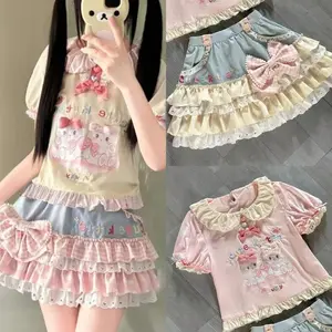 LolitaPrintTopsBowCakeBlouseY2KJKLolitaJapanKawaiiGirlCuteSweetLaceT-shirtA-lineSplicedCakeSkirtNewChic