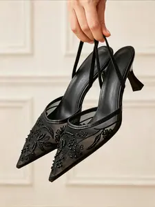 Women's Elegant Summer Mules, Embroidered Mesh Pointed Toe, Stiletto Heel, Perfect for Weddings, Parties, Formal Events, Office Wear