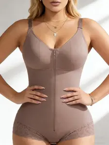 1 Count Women's Zipper Front Shapewear Bodysuit, Fajas, Colombian Shapewear, Adjustable Strap Body Shaper, Delicate Lace Jumpsuit Soft Stretch Fabric For All Day Comfort, Great For Daily, Work, Parties And Any Occasion, Underwear