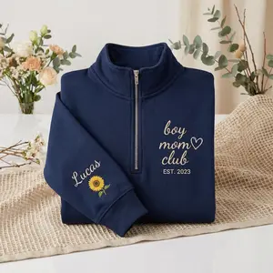 Embroidered Custom Boy Mom Club Quarter Zip, Floral Pullover with Kids Name, Personalized Sleeve Sweater, Mother's Day Gift