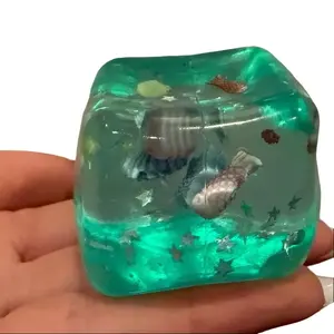 Aqua Blue Sea 1.77” Squishy Fidget Toy Super Soft Transparent Star Glitter Shell Squeeze Toy Ocean Sensory Fidget Anti-stress Toy Squishies Cube