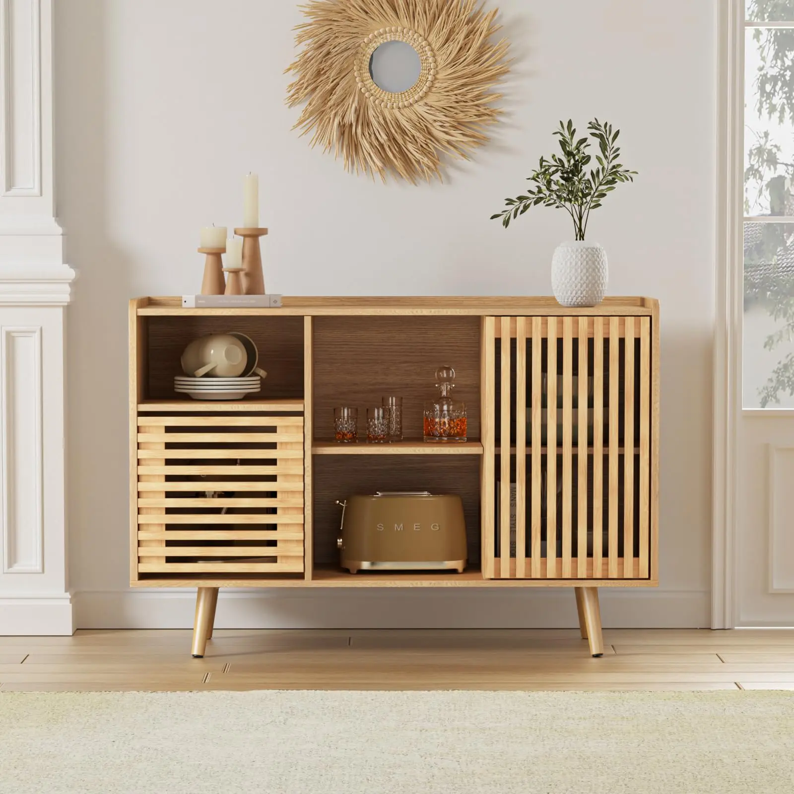 [tiktokshopbacktoschool] Vabches Modern Retro Style Storage Cabinet, 47.2" Sideboard Buffets Cabinet with Sliding Door, Multi-Functional Buffet Coffee Bar for Living & Dining Room