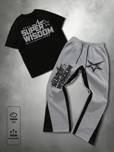 Y2K Retro Star Graphic Tracksuit Set - Oversized Breathable T-Shirt & High Waist Flare Sweatpants 2 Piece Outfits for Streetwear Aesthetic & Casual Daily Wear