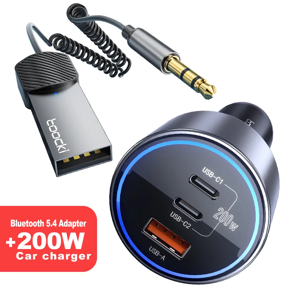 Toocki 200W USB C Car Charger PD3.0 QC4.0 PPS Fast Charging Car Adapter with  USB 2.0 to 3.5mm Jack Kit with Built-in Microphone Aux Input for Hands-Free Calls Compatible with Car Speaker and Home Audio