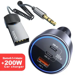 Toocki 200W USB C Car Charger PD3.0 QC4.0 PPS Fast Charging Car Adapter with  USB 2.0 to 3.5mm Jack Kit with Built-in Microphone Aux Input for Hands-Free Calls Compatible with Car Speaker and Home Audio
