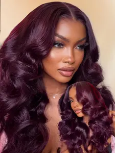 KEPHARE Purple Black Cherry Wear and Go Glueless Wigs Human Hair Pre Cut 5x5 HD Lace Closure Wigs Dark Magenta Color Body Wave No Glue with Pre Plucked Hairline 180% Density Lace Front Wig