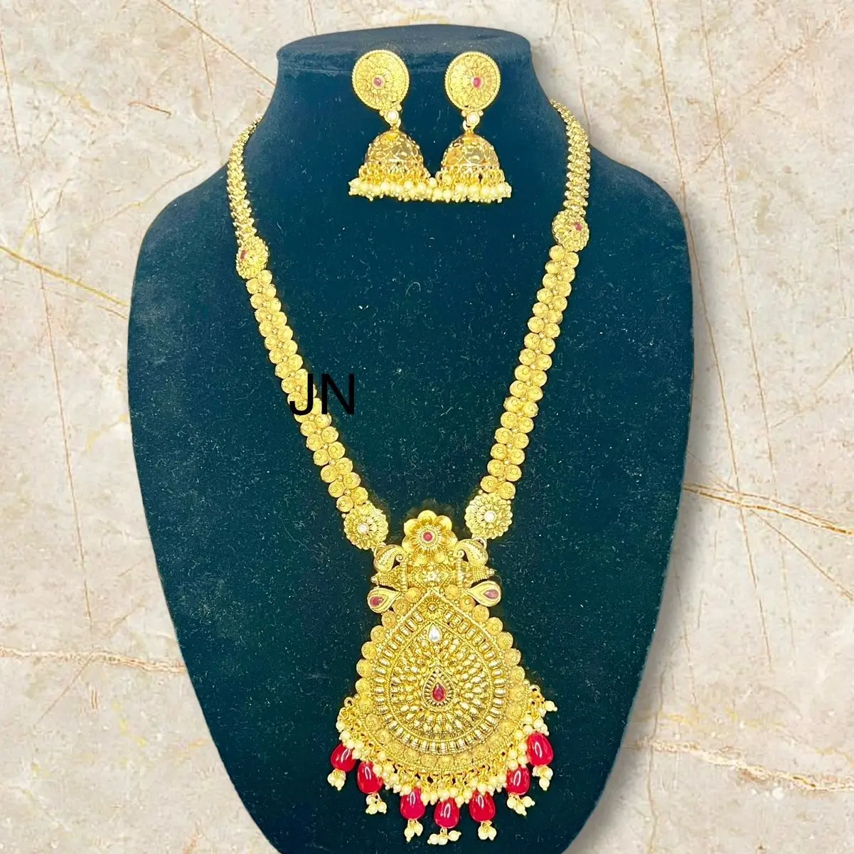 Gold plated long necklace with jhumka earrings
