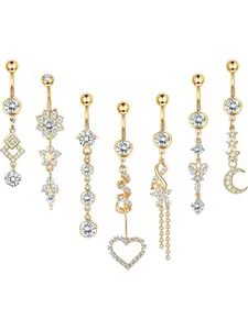 7Pcs 14g Belly Button Rings Dangle 316L Surgical Steel CZ Navel Ring Barbell for Women Body Piercing Jewelry Silver/Gold/Rose Gold