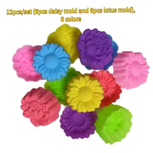 12 piece set of daisy and lotus silicone mold combination, including 6 colors - suitable for 3D design of candles, gypsum clay, handmade soap, and resin casting processes, Soap Molds, Candle Making