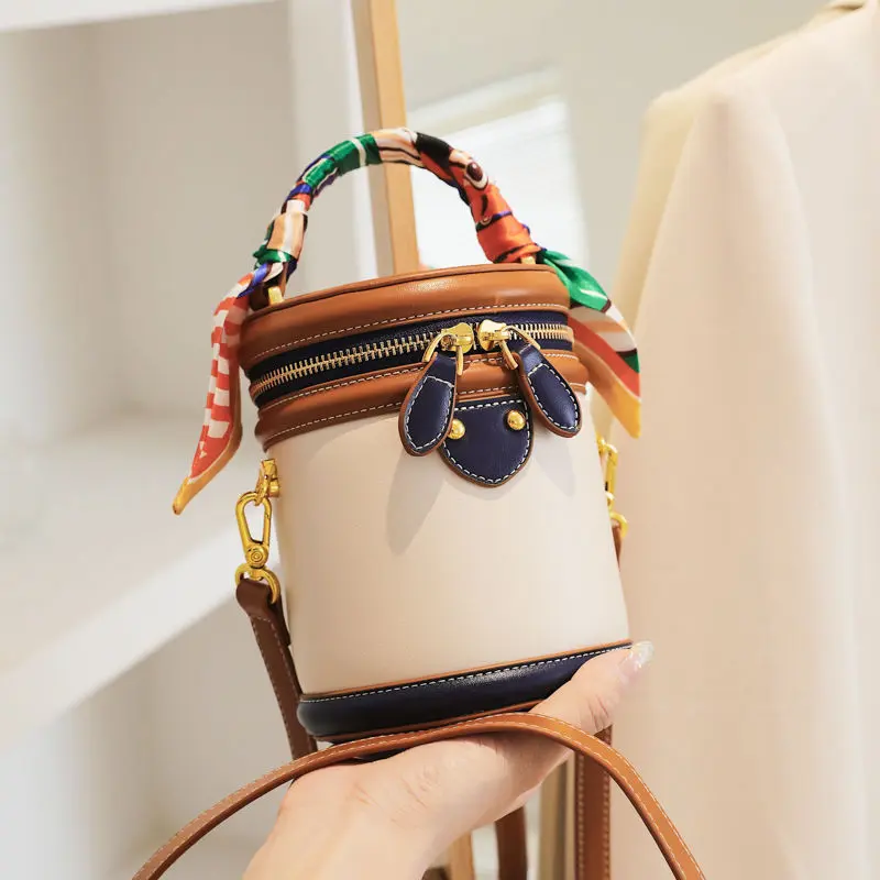 Colorblock Cylinder Bucket Bag for Women, Faux Leather Top Handle Messenger Purse with Removable Strap and Scarf Decor, Messenger Bag, Casual
