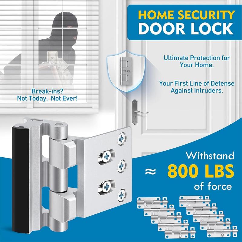 Heavy Duty Door Reinforcement Lock for Inward Swinging Doors, Up to 800 lbs Force, Anti-Burglary, Easy Installation
