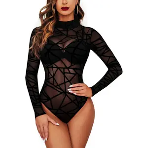 Avidlove Long Sleeve Bodysuit for Women Turtleneck Sheer Mesh Bodysuit Geo Print Leotards