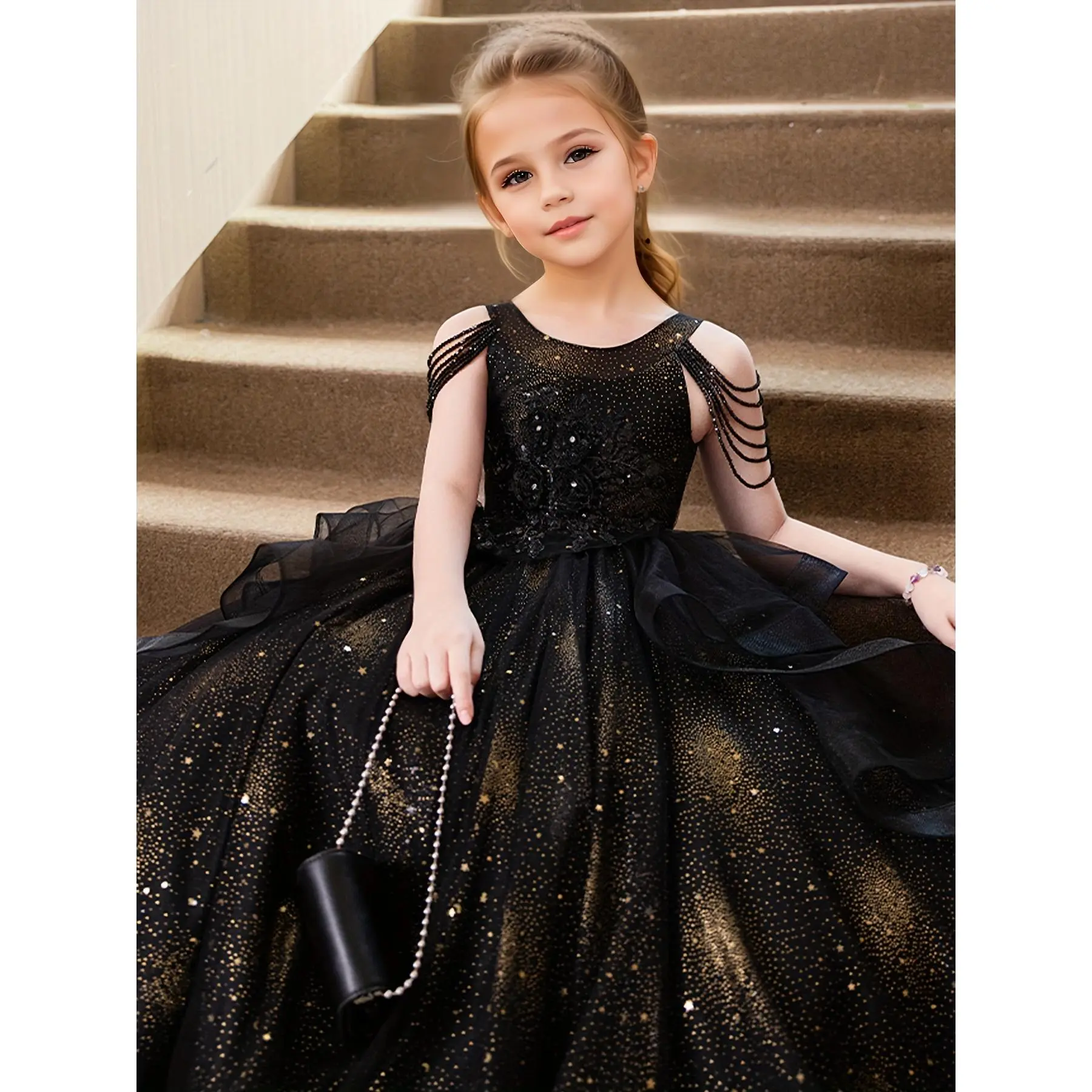 Girls' Formal Dress, Elegant Court Style Princess Gown with Fringe for Banquets & Evening Parties, Dresses Princess Gown Formal, Child Sized Formal Dresses