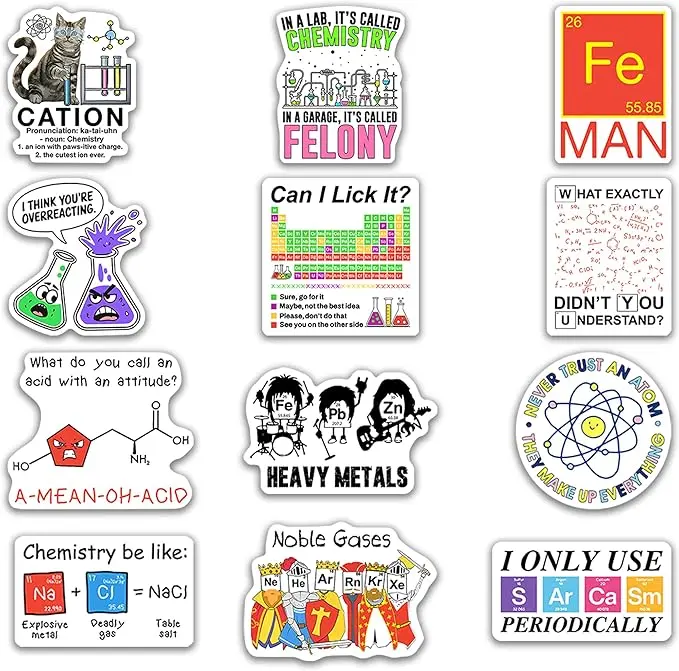 Chemistry Stickers 12pcs for Students Teens, Funny Chemistry Stickers, Science Stickers Chemistry, Waterproof Laptop Water Bottle Stickers