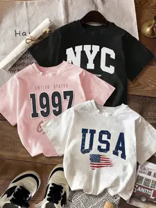 Women's Round Neck Casual Short T-Shirt 3 Pack, Nyc 1997 Usa Print, Loose Fit, All Seasons, Fashion Streetwear